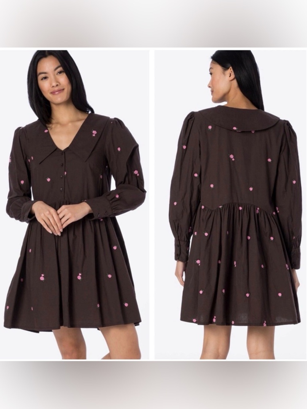 ICHI IHSENNY DRESS Brown Floral Embroidered Long-Sleeve A LINE babydoll dress
